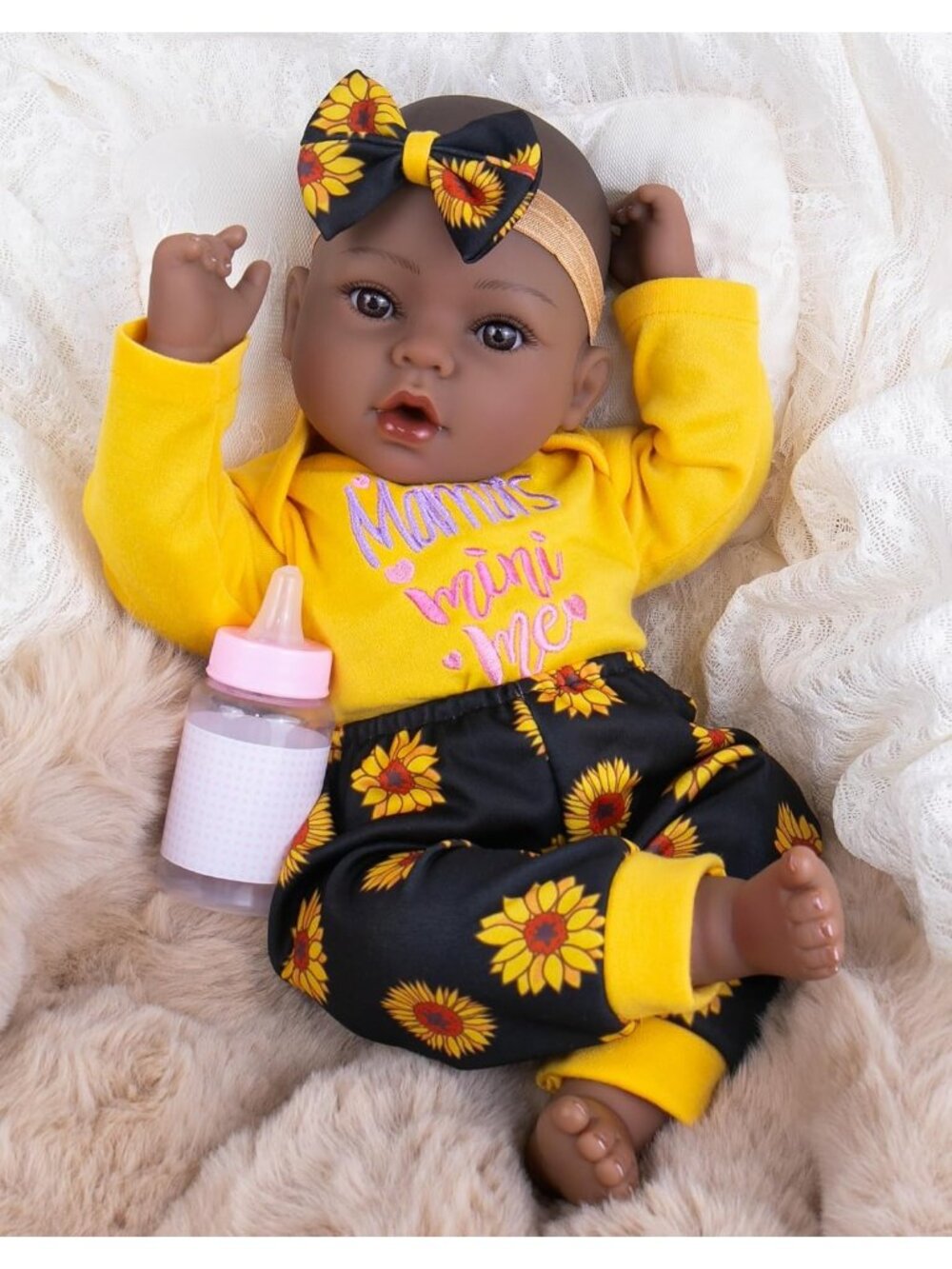 18 inches Sun Flower Black Reborn Baby Dolls with Realistic Details for Kids 3+